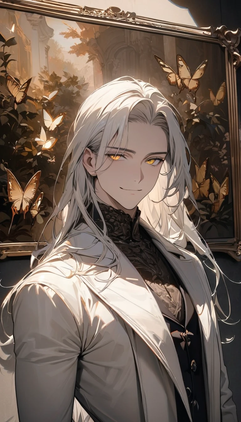 (masterpiece:1.5)，best quality，(1 Handsome man)，alone，white long length hair，(Golden eyes), (A soft smile)，elegant，perfect face，Long black trench coat，white and blue cloth，white leather gloves，white lining，Slightly muscular body，High，8K，Beautiful contrast of light and shadow，Dark luxury background，(complete upper body)，Positive face，luxury screen，Standing in front of the historical oil painting，Exquisite picture frame，((Butterfly))，Museum