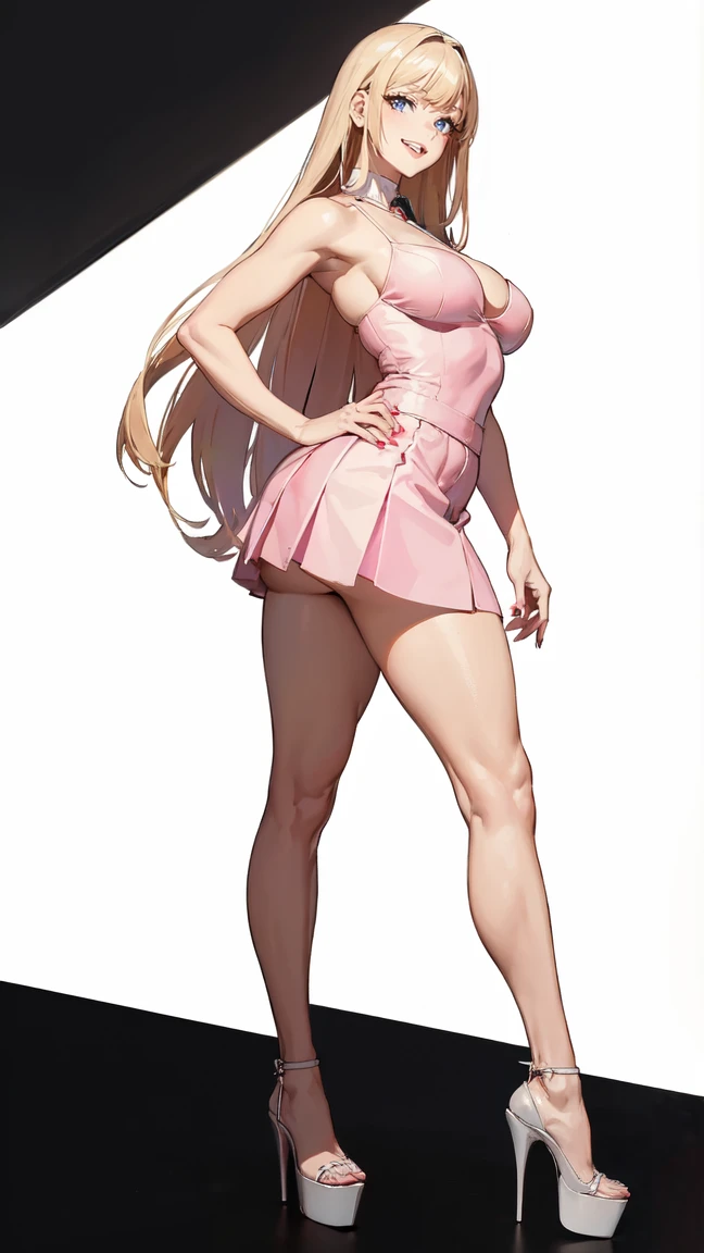((masterpiece, high resolution, better quality, better details)), ((Marin Kitagawa)), ((Smiling)), ((one girl)) a girl modeling standing, mini skirt, blouse, ((big neckline)), ((platform high heels)), pink eyes with black outline, (light blonde hair, straight hair, straight bangs, long hair)), long nails, pink nails, (((curvy body))), shiny skin, ((side view)), solo, bare shoulders, full body, focus full body, high heels, ((White background)),