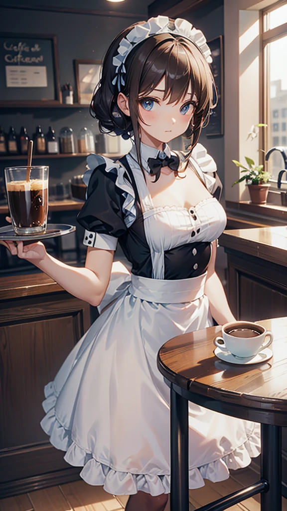 Coffee shop background,Coffee shop background,Indoor background,Tables and Chairs,Bar,Maid maiden,The maid pretends to be a girl,A maid headband