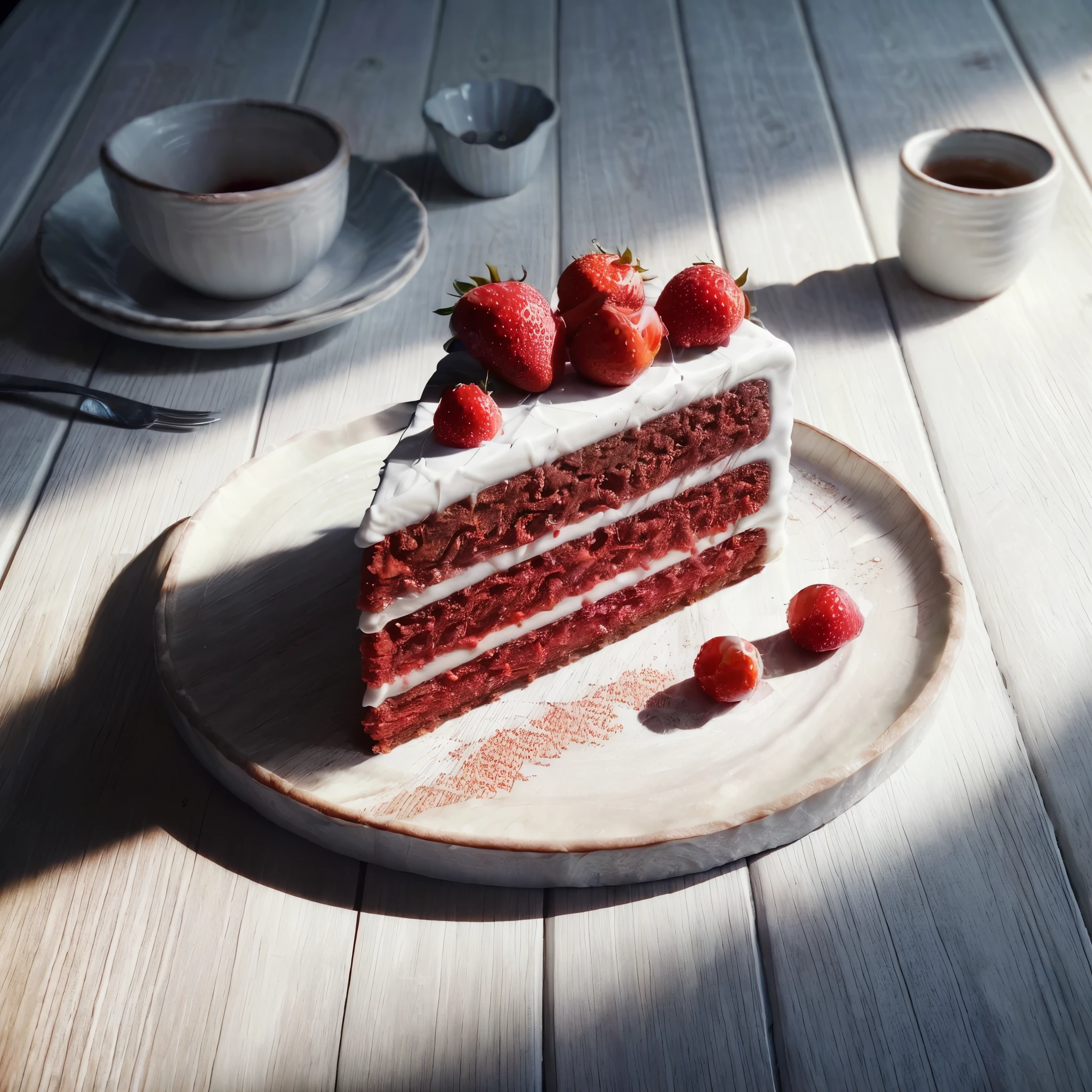 (very sharp result) (((textile shading))), (((Best Quality))), hyper realistic detailed food photography, (texture detailed exposed) ultra high definition (masterpiece 1.2) A tantalizing slice of red velvet cake with strawberries on top, resting on a white plate with a red circle. clean modern minimalistic background, natural white wood table, clean table dramatic shadow & light, shoot by hasselblad, medium lens format.