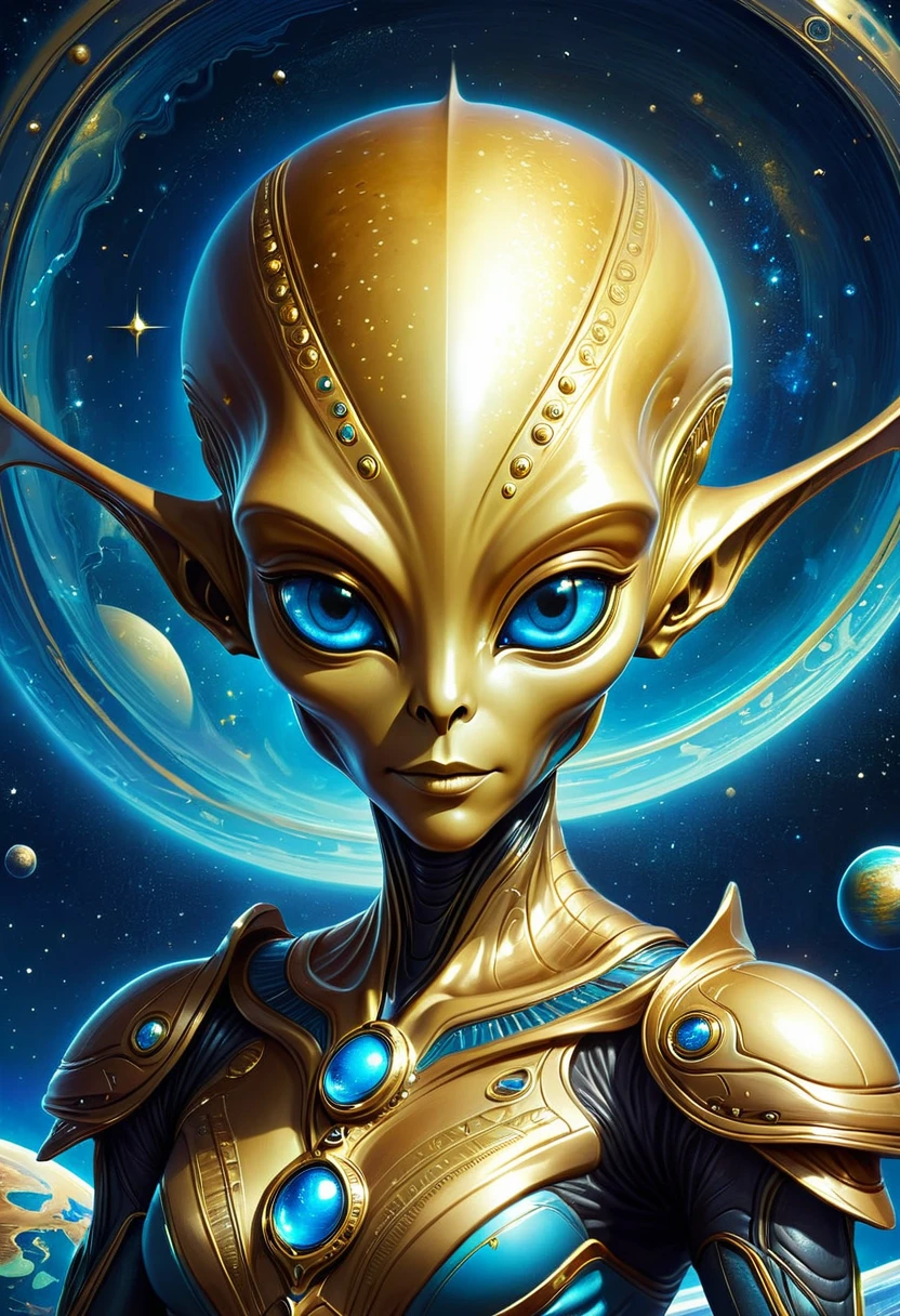 illustration，illustration，Golden Alien Portrait，Blue Background，Planet Decoration，Artistic Creativity:1.37