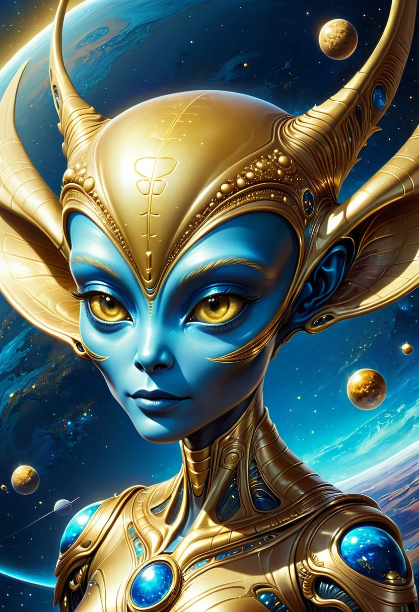 illustration，illustration，Golden Alien Portrait，Blue Background，Planet Decoration，Artistic Creativity:1.37
