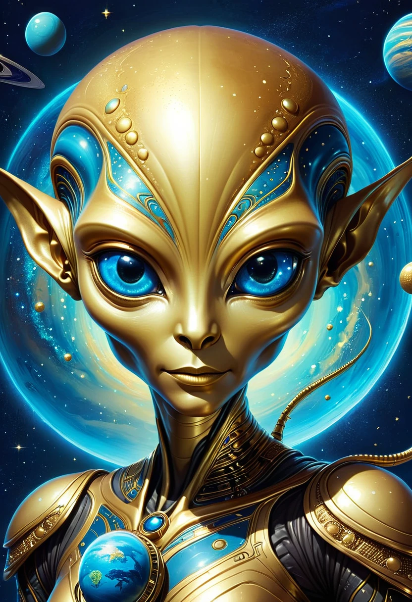 illustration，illustration，Golden Alien Portrait，Blue Background，Planet Decoration，Artistic Creativity:1.37