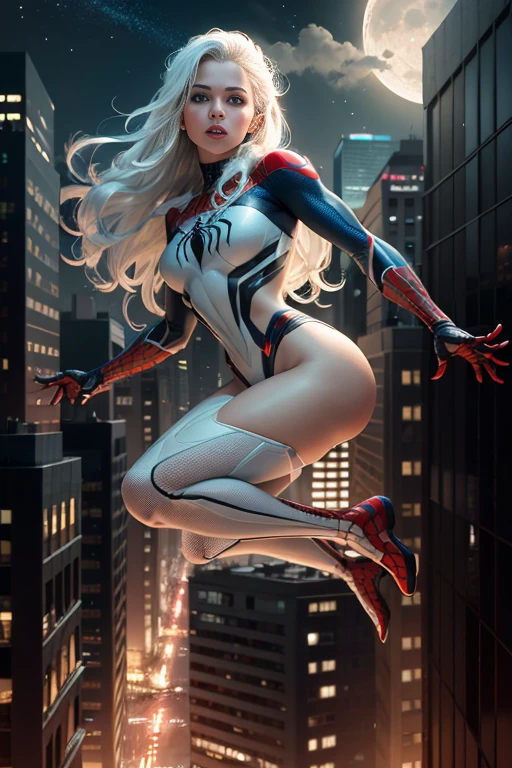 (Masterpiece, 4k resolution, ultra-realistic, very detailed), (White superhero theme, charismatic, there's a girl on top of town, wearing Spider-Man costume, she's a superhero), [ ((25 years), (long white hair:1.2), full body, (blue eyes:1.2), ((Spider-Man pose),show of strength, jumping from one building to another), ((sandy urban environment):0.8)| (cityscape, at night, dynamic lights), (full moon))] # Explanation: The Prompt mainly describes a 4K painting of ultra-high definition, very realistic, very detailed. It shows a superheroine at the top of the city, wearing a Spider-Man costume. The theme in the painting is a white superhero theme, the female protagonist has long white hair, is 25 years old and her entire body is shown in the painting. In terms of portraying the actions of superheroines, spiders are employed