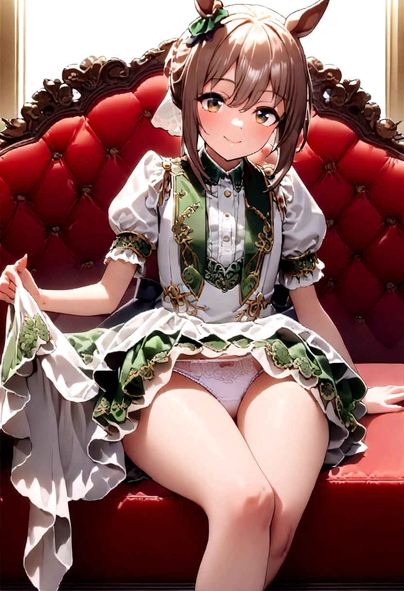 (((Horse Girl))), (((Fine Motion))), Thighs, sitting on a luxurious red sofa, (((Panties are slightly visible))), smile, Dress like a young lady, (((White underwear with green embroidery))), High resolution, The skirt is flipped up,