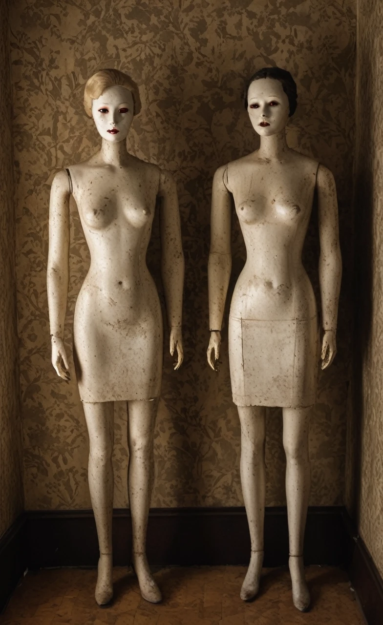 ruined museum, creepy mannequins, sultry Showa-era clothing, eerie shadows, dusty and forgotten, high resolution, peeling wallpaper, broken artifacts, dim lighting