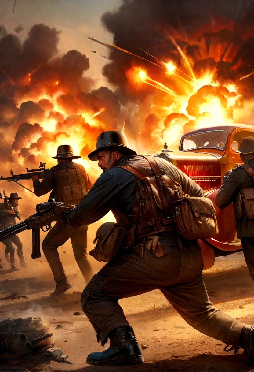 (realistic image, rich in details) war, civil war, fight between gangs, machine guns, vintage cars, rival groups, exchange of fire, explosive scenario, explosion, smoke.