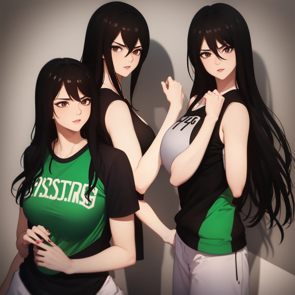 Big breasted woman, and long black hair, with boyfriend with black hair stylish hairstyle couple together with boston celtics shirt