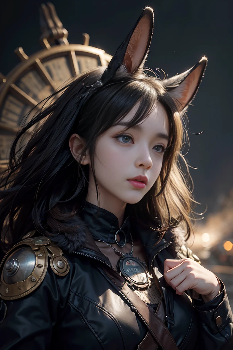Hyper-detailed rabbit-human character, 8K textures, individual fur strands with anisotropic reflections, subsurface scattering on ears, physically-based rendering for steampunk outfit, volumetric fog with god rays, particle systems for floating gears, depth of field with bokeh shapes, chromatic aberration, vignette effect --ar 21:9 --stylize 1000 --q 2 --v 5