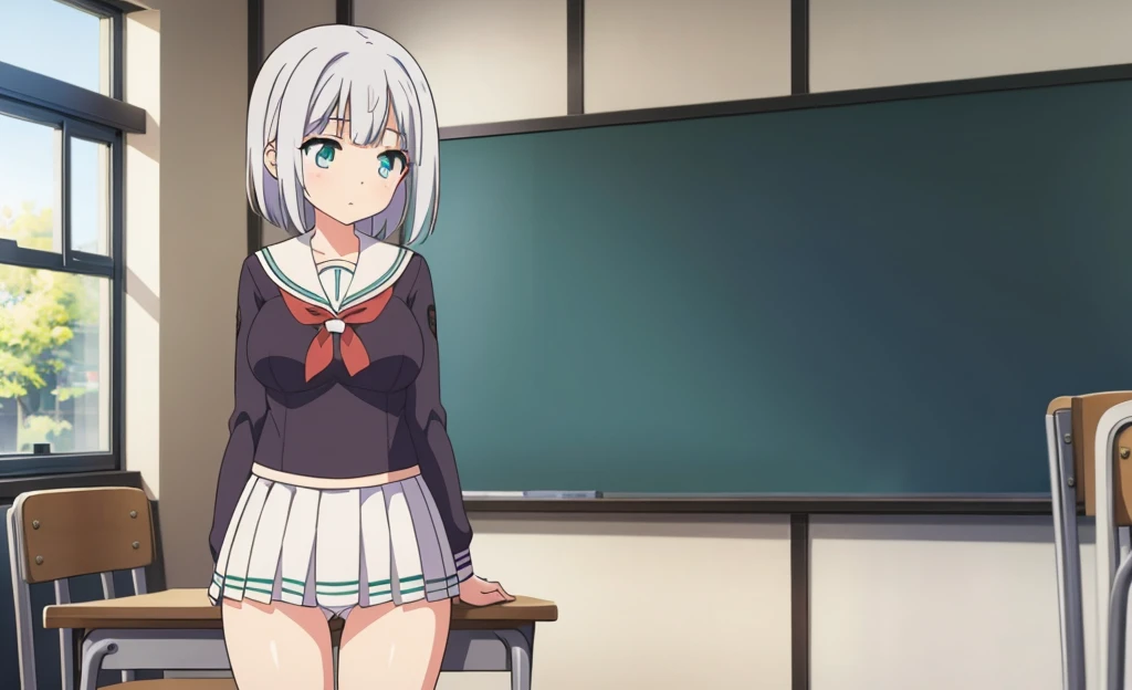 (masterpiece), classroom, 1girl, medium hair, white hair, (aqua eyes:1.2), (white sailor collar:1.2), serafuku, white skirt, pleated skirt nsfw show panties open legs