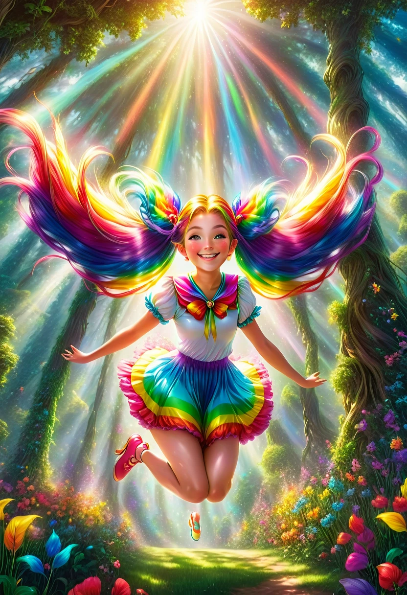1girl, long rainbow colored twin tails:1.9, bright smiling expression, beautiful magical girl jumping down from tall trees in a magical garden, shining morning sunlight, low angle shot:1.75, close-up of the girl, extremely detailed, complex, photorealistic, 8k, HDR, cinematic lighting, vivid colors, soft and dreamlike