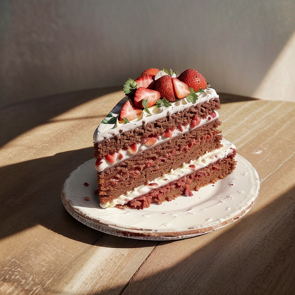 (very sharp result) (((textile shading))), (((Best Quality))), hyper realistic detailed food photography, (texture detailed exposed) ultra high definition (masterpiece 1.2) A tantalizing slice of red velvet cake with strawberries on top, resting on a white plate with a red circle. clean modern minimalistic background, natural white wood table, clean table dramatic shadow & light, shoot by hasselblad, medium lens format.