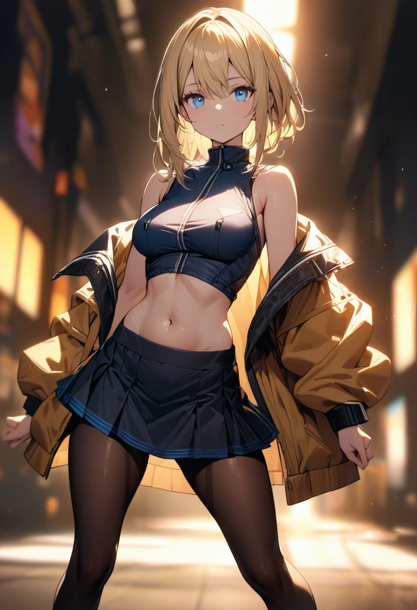 a pretty girl, solo,
blond hair, asymmetrical bob, blue eyes, bright eyes,
breasts,
navel, jacket, (high neck sleeveless), skirt, pantyhose,
expressionless, blurry background,
perfect lighting, (best quality), (extremely detailed)
