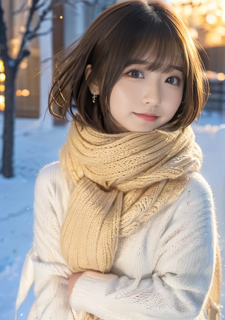 Being with a dog、A girl and a dog warming themselves by a bonfire、Lens flare、Hair blowing in the wind、Medium Short Hair、Fluffy scarf in warm colors、Expressing the whiteness of one's breath、Photo from the waist up、Night city illumination shot、Cowgirl Shot、Fur coat、豪華なグレーのミンクのFur coat、Wear fine leather boots、Luxury Bags、Inner turtleneck、Silver necklace and small silver earrings Millionaire style:1.4))、Full body photo、smile、 Caustics、Highly detailed photos、Very beautiful woman 、Ample breasts、No makeup、(8K、RAW Photos、Highest quality、masterpiece:1.2)、(Realistic、Realistic)、1 Girl、((Medium Short Hair、Midwinter、Cold region Snow falling、The wind is blowing、Fluttering Hair、Blur the background、Colorful illuminations、Looking into the camera:1.4))、