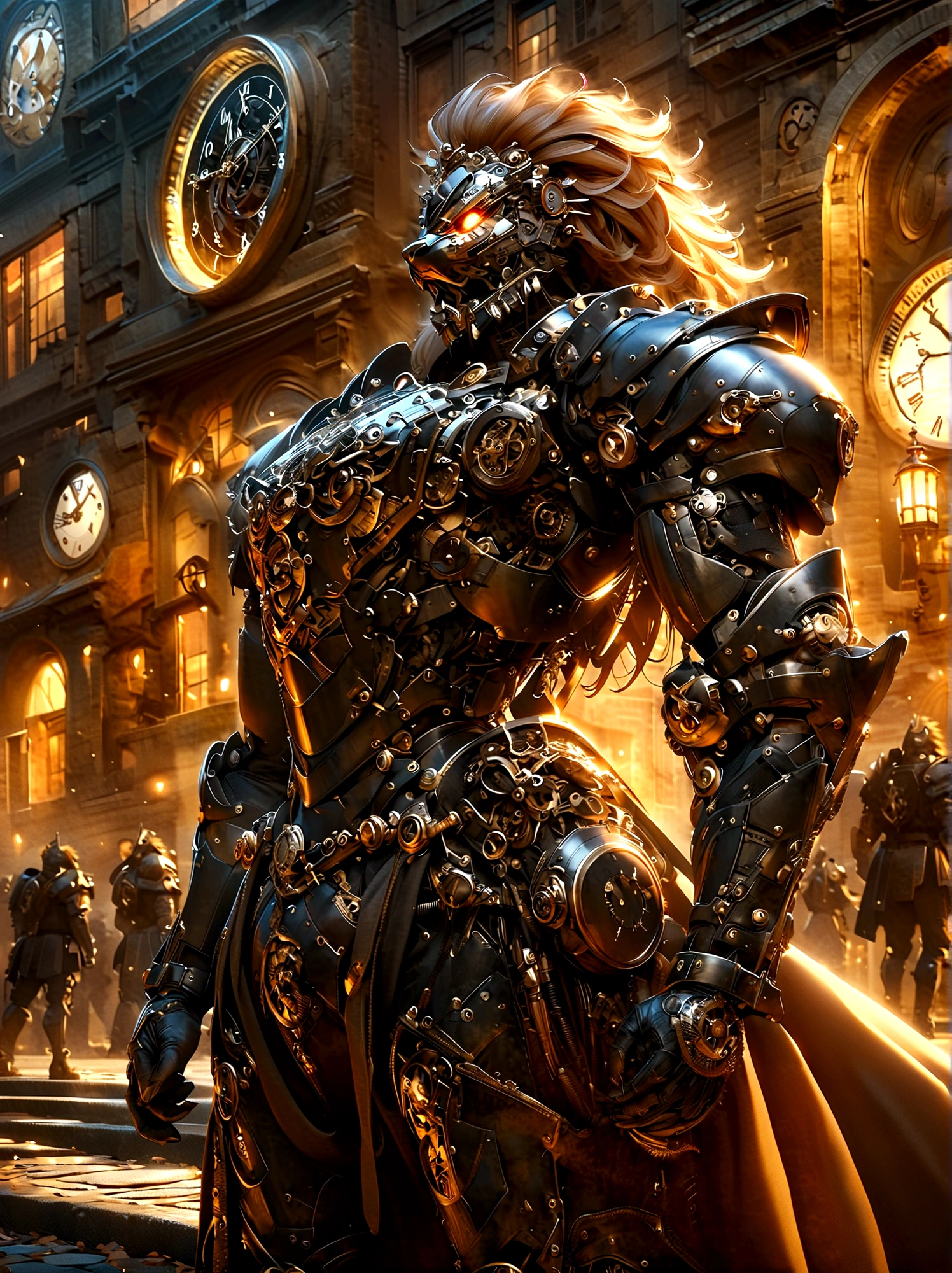 Lion Knight wearing combat uniform, on the street, black armor, Clock designs, Black Lion Man, Black Color armor