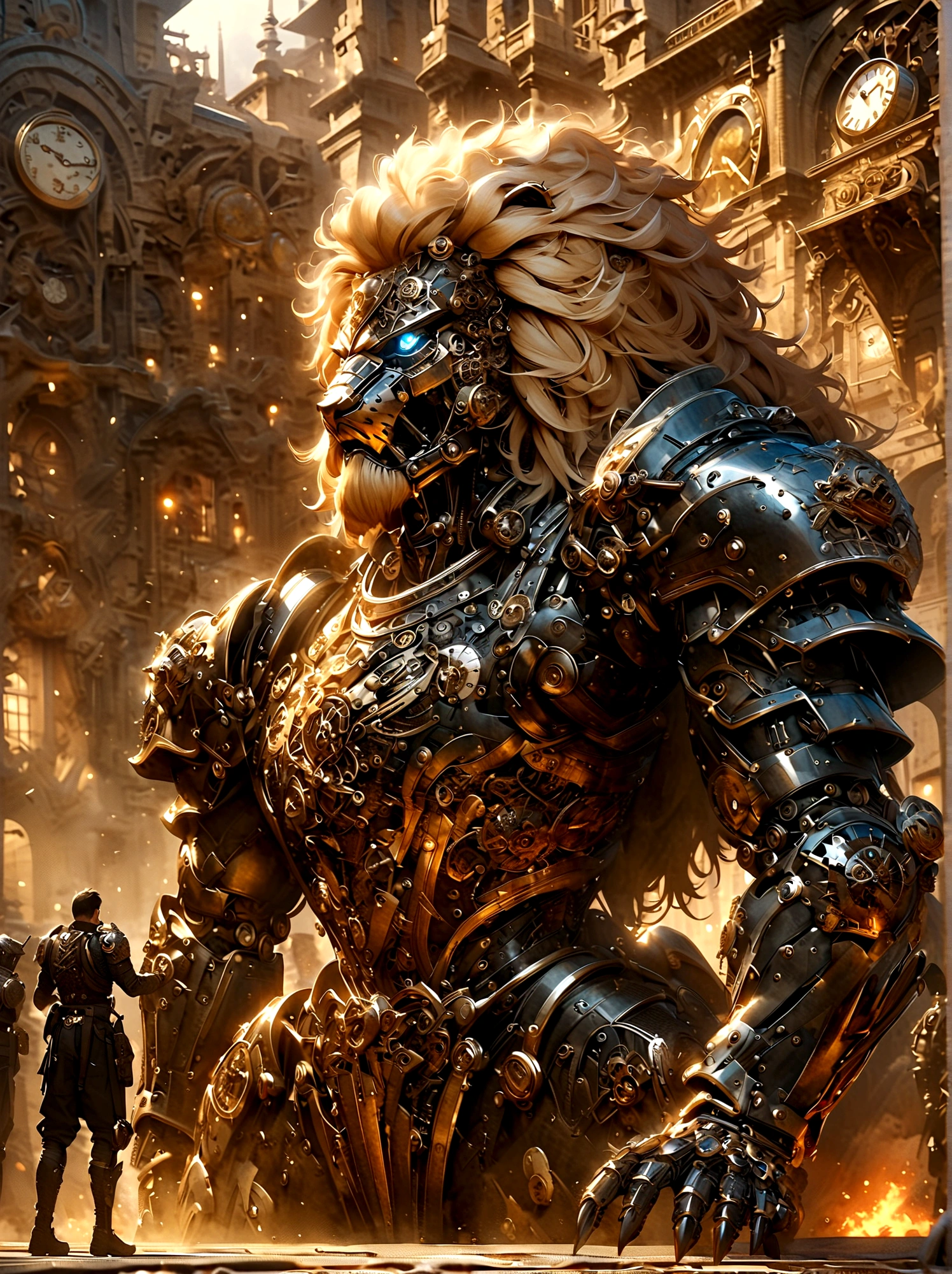 Lion Knight wearing combat uniform, on the street, black armor, Clock designs, Black Lion Man, Black Color armor