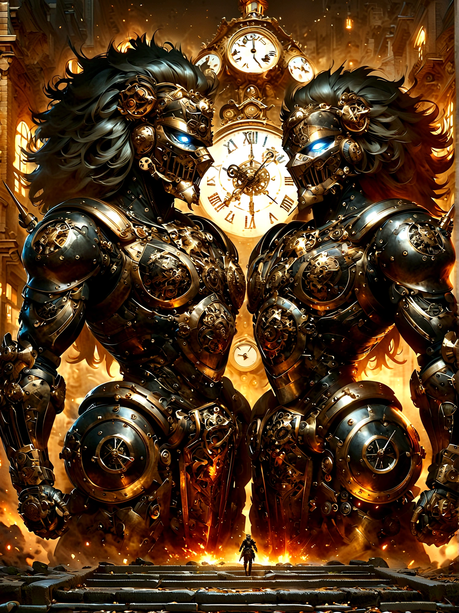 Lion Knight wearing combat uniform, on the street, black armor, Clock designs, Black Lion Man, Black Color armor