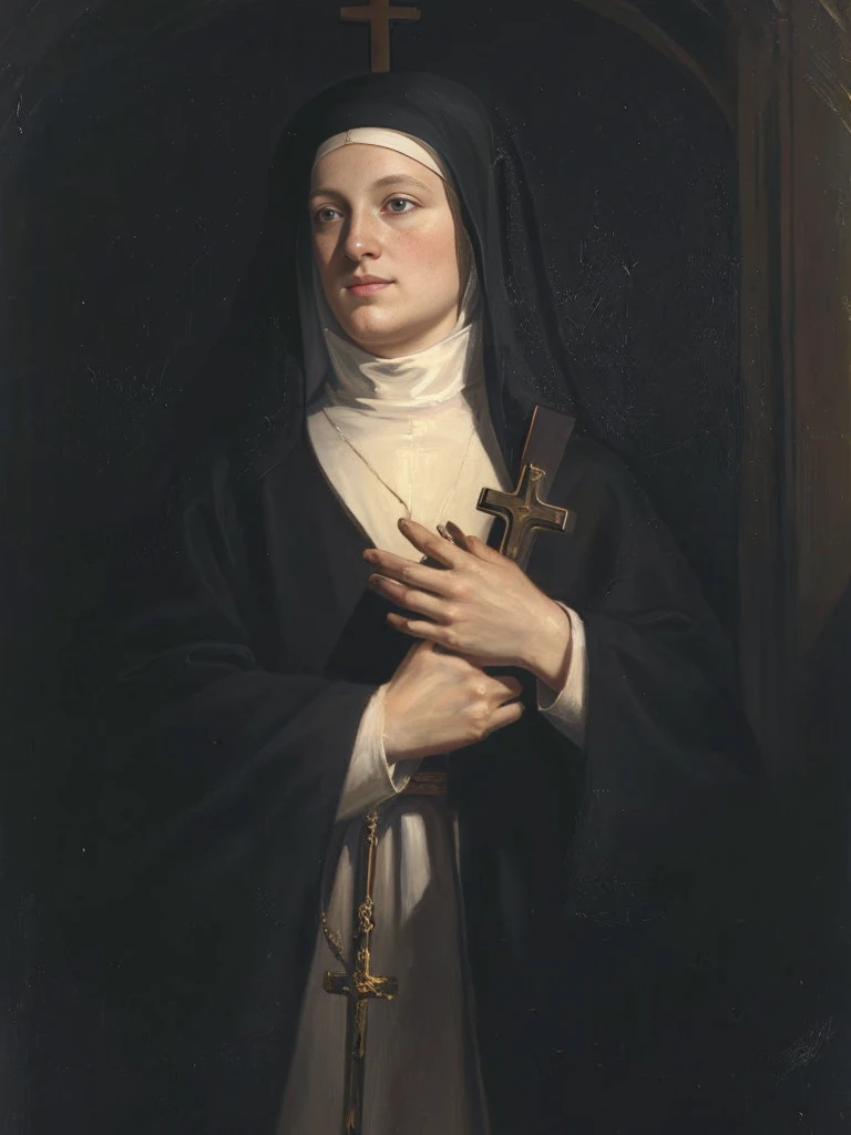 a painting of a blonde nun holding a cross in her hands, portrait gracious saint, majestic saint woman, by Francisco de Holanda, by Francisco de Zurbarán, nun, portrait of hildegard von bingen, francisco de zurbaran, saint, by Bartolomé Esteban Murillo, by Ferdinand Bol, saint woman, inspired by Cristofano Allori