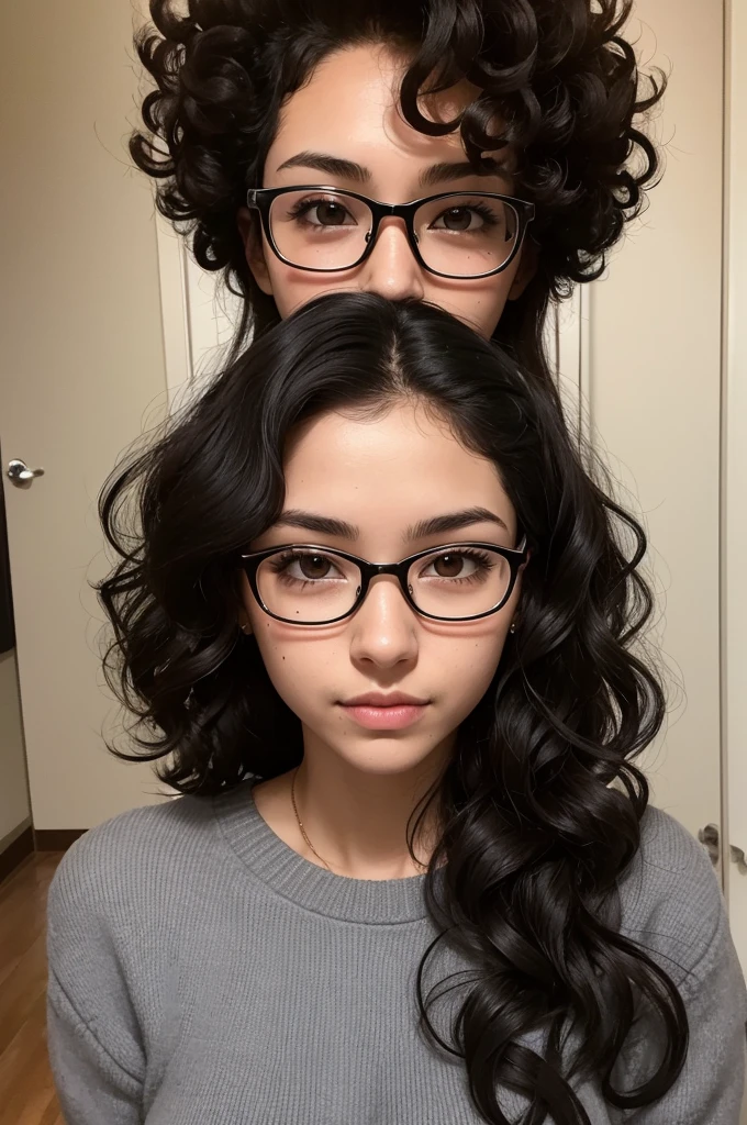 create an image containing me and my girlfriend, with the following descriptions: I have 1,67 tall and she is 1,62. we are both dark, She has curly hair that reaches just below her shoulders., wears glasses and has a mole on the right side of his face. I have short curly hair/medium and my mustache is about to grow completely.