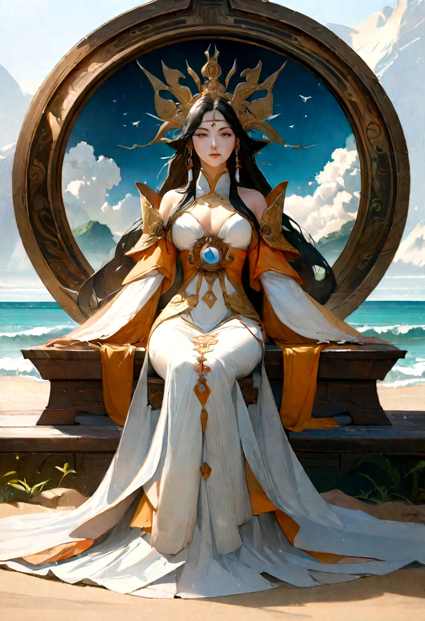 there is a woman sitting on the beach with a clock, queen of the sea mu yanling, beautiful digital artwork, 4k highly detailed digital art, a beautiful fantasy empress, 8k high quality detailed art, fantasy beautiful, by Yang J, beautiful gorgeous digital art, guweiz, artwork in the style of guweiz, beautiful fantasy art, chinese fantasy