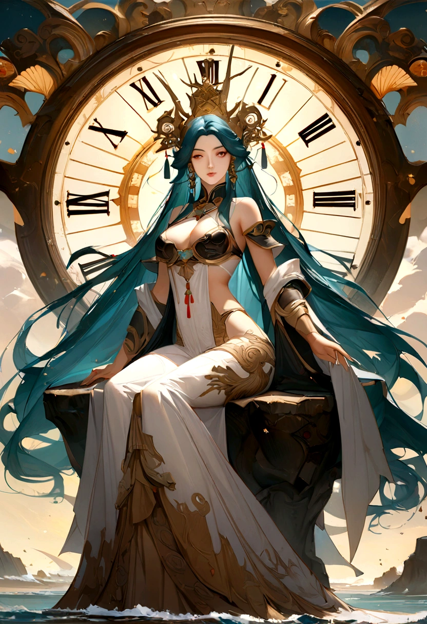 there is a woman sitting on the beach with a clock, queen of the sea mu yanling, beautiful digital artwork, 4k highly detailed digital art, a beautiful fantasy empress, 8k high quality detailed art, fantasy beautiful, by Yang J, beautiful gorgeous digital art, guweiz, artwork in the style of guweiz, beautiful fantasy art, chinese fantasy