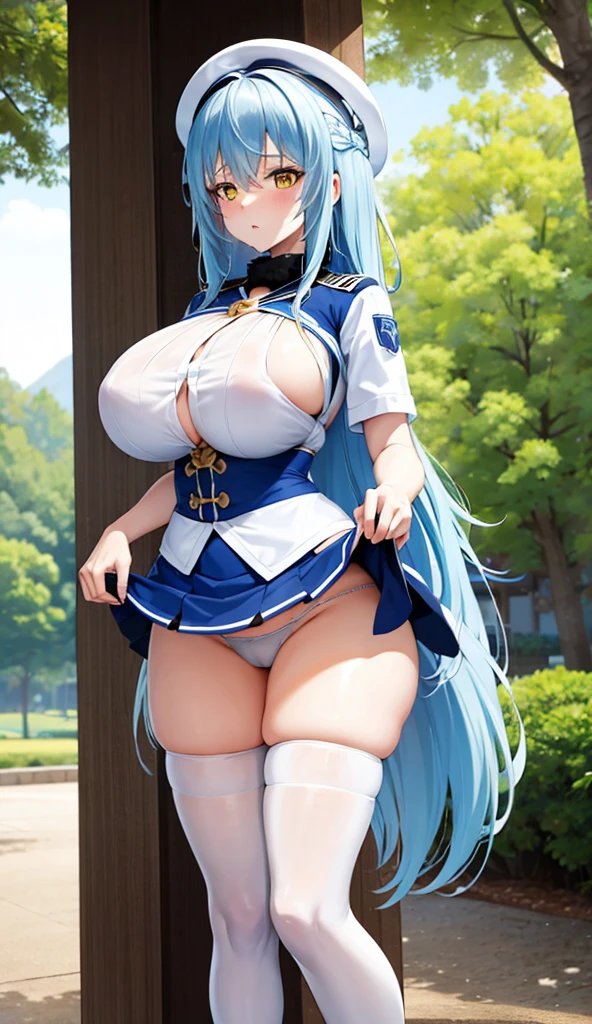 Big breast,long blue hair,wide hips,thicc tigh,white sailor top,mini skirt,blush,look at viewer,skirt lift,show underwear,standing,park,rimuru tempest,revealing underwear