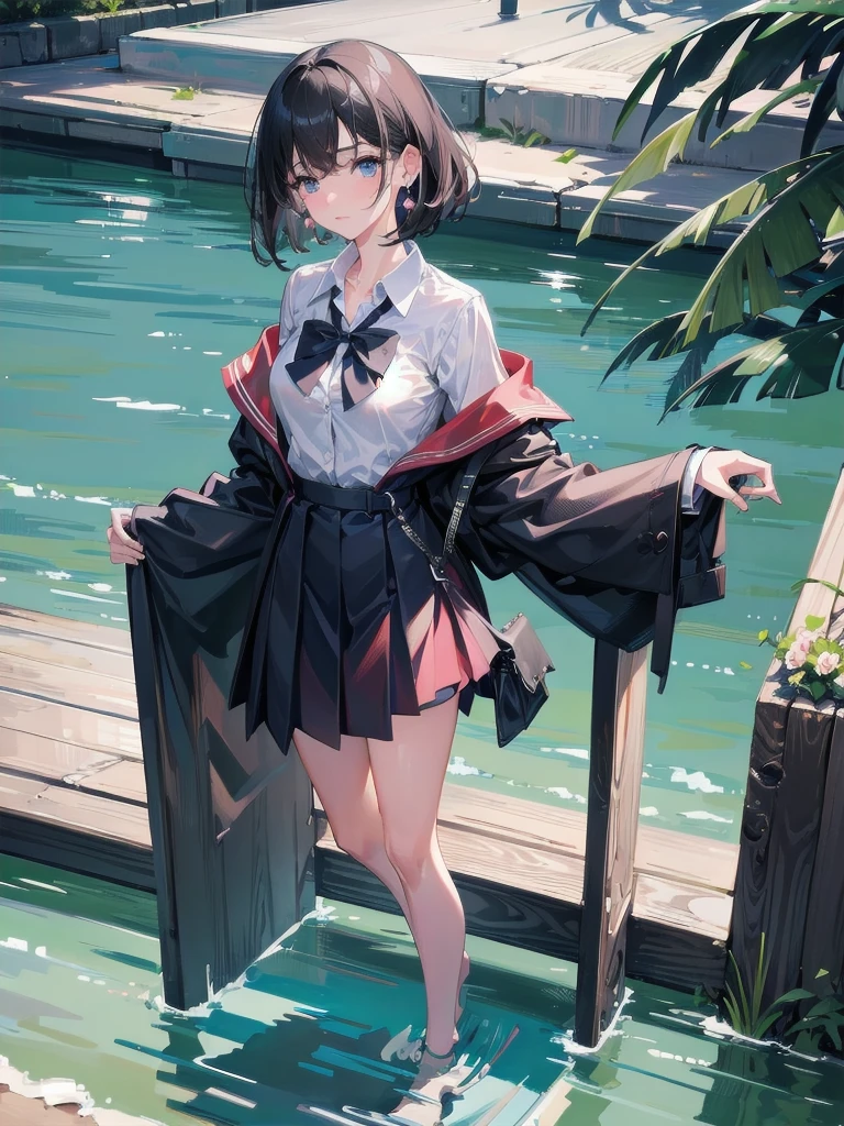 absurdres, RAW photo, extremely delicate and beautiful, masterpiece, Best Quality, ultra high resolution, 32k, hyperrealistic, ultra-detailed, in her 20s, delicate facial features, tearful mole, earring, medium breasts, full body shot, shorter middle hair, black hair, (summer school_uniform),