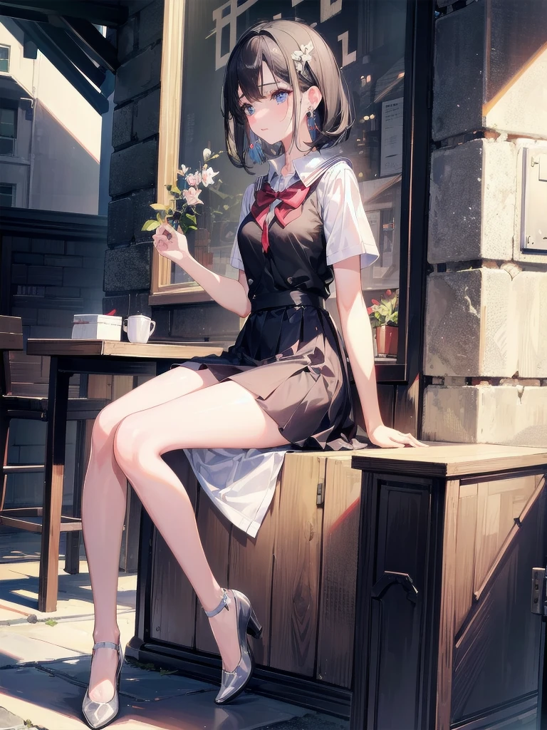 absurdres, RAW photo, extremely delicate and beautiful, masterpiece, Best Quality, ultra high resolution, 32k, hyperrealistic, ultra-detailed, in her 20s, delicate facial features, tearful mole, earring, medium breasts, full body shot, shorter middle hair, black hair, (summer school_uniform),