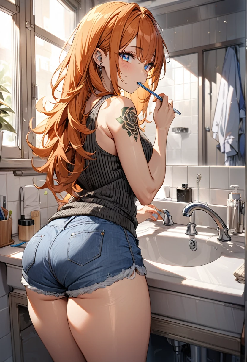 20 year old female, long orange hair, messy hair, perfect eyes, perfect silver irises, perfect pupils, thick thighs, thin ribbed tanktop, shorts, comfy clothes, many ear piercings, brushing teeth, looking back over shoulder, messy bathroom, small bathroom, highly detailed, best detail, best hands, right forearm tattoo, perfect tattoo, regular toothbrush, normal toothbrush, standing in front of sink, perfect hands, perfect fingers