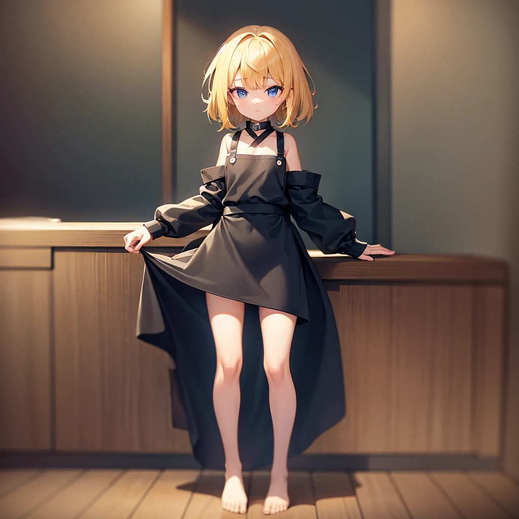((Naked Apron)),Cute little ,Tiny ,Small girl,,Childish face, Very fine clean face,Top quality,Straight Hair,Yellow hair,(Dark Room), Subtle light, Natural light,Soft lighting,Light from directly behind, (Are standing),Front view,Black background