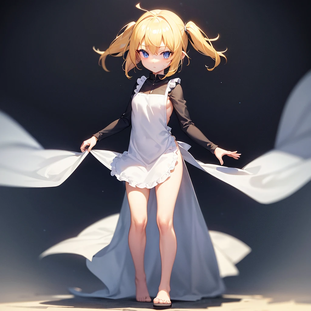 ((Naked Apron)),Cute little ,Tiny ,Small girl,,Childish face, Very fine clean face,Top quality,Straight Hair,Yellow hair,(Dark Room), Subtle light, Natural light,Soft lighting,Light from directly behind, (Are standing),Front view,Black background