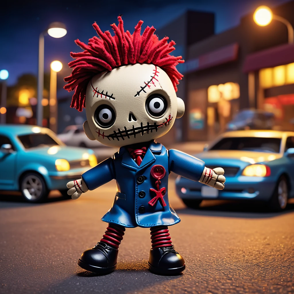 (knitted toy voodoo doll:1.5), (Voodoo in Parking Lot:1.3), (Clothing: casual attire:1.0), (Accessories: enchanted car key, glowing parking meter:1.1), (background: busy parking lot with floating cars, glowing street lights, and bustling activity:1.2), best quality, masterpiece, detailed soft oil painting, detailed background, dramatic cinematic lighting, soft edge lighting, professional, dramatic lighting, hard edge lighting, ultra quality, 4k,masterpiece, best quality, 8k, ultra highres, highres, extremely detailed