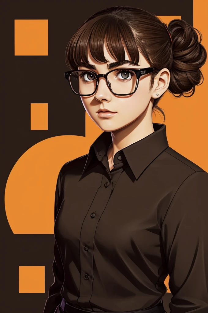 drawing in the style of the anime mob psycho 100 about a young 25-year-old woman with brown hair tied in a bun, dark brown eyes, thick eyebrows, square-shaped glasses and a black formal shirt with orange geometric designs