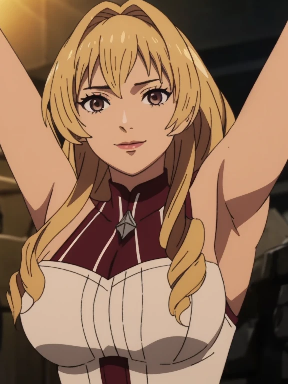 Best quality, masterpiece, ultra high res, 1girl, sexy, in the dark, deep shadow, low key, cold light, milf, blonde hair, dynamic light, cinematic lighting, cinematic lighting, down blouse, mature woman, middle parted hair, natural breast, full body,upper body, milf, elinalise, simple smile, armpits visible, detailed armpits