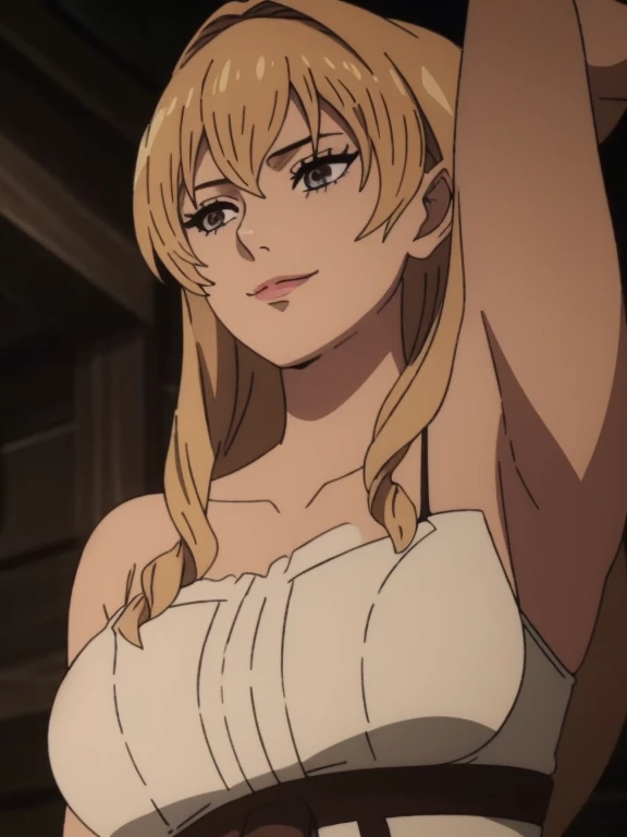 Best quality, masterpiece, ultra high res, 1girl, sexy, in the dark, deep shadow, low key, cold light, milf, blonde hair, dynamic light, cinematic lighting, cinematic lighting, down blouse, mature woman, middle parted hair, natural breast, full body,upper body, milf, elinalise, simple smile, armpits visible, detailed armpits