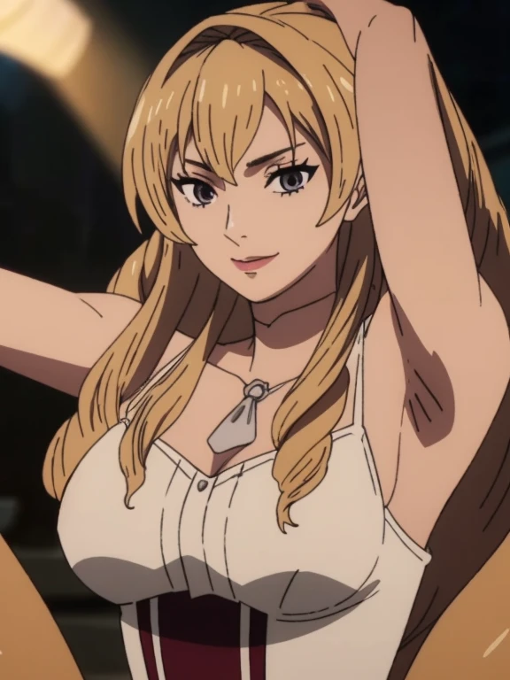 Best quality, masterpiece, ultra high res, 1girl, sexy, in the dark, deep shadow, low key, cold light, milf, blonde hair, dynamic light, cinematic lighting, cinematic lighting, down blouse, mature woman, middle parted hair, natural breast, full body,upper body, milf, elinalise, simple smile, armpits visible, detailed armpits