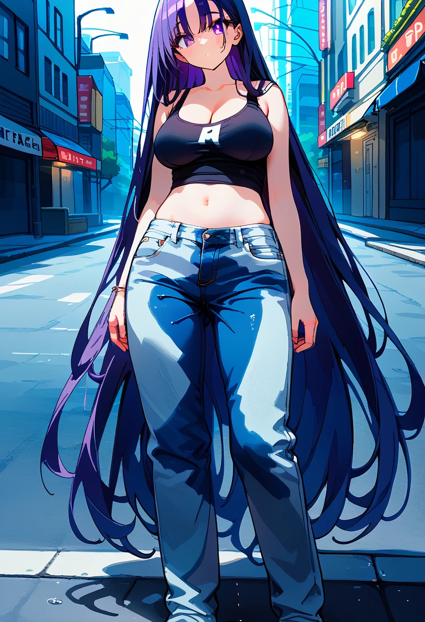 (masterpiece:1.37), best quality, (extremely detailed:1.37) woman, (adult:1.5), (very long hair:1.5), dark purple hair, purple eyes, (extremely detailed eyes:1.37), large breasts, crop top, cleavage, navel, (tight jeans:1.5), (wetting:2.0), standing straight, full body day, daytime, glow, facing viewer, perfect composition, full body, city, street, anime style