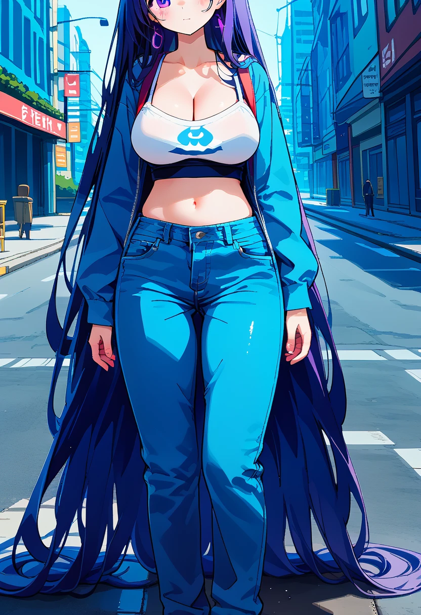 (masterpiece:1.37), best quality, (extremely detailed:1.37) woman, (adult:1.5), (very long hair:1.5), dark purple hair, purple eyes, (extremely detailed eyes:1.37), large breasts, crop top, cleavage, navel, (tight jeans:1.5), (wetting:2.0), standing straight, full body day, daytime, glow, facing viewer, perfect composition, full body, city, street, anime style