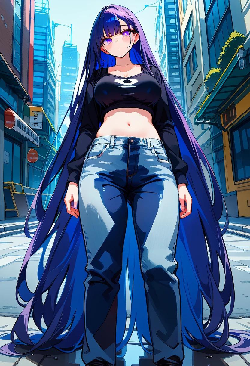 (masterpiece:1.37), best quality, (extremely detailed:1.37) woman, (adult:1.5), (very long hair:1.5), dark purple hair, purple eyes, (extremely detailed eyes:1.37), large breasts, crop top, cleavage, navel, (tight jeans:1.5), (wetting:2.0), standing straight, full body day, daytime, glow, facing viewer, perfect composition, full body, city, street, anime style