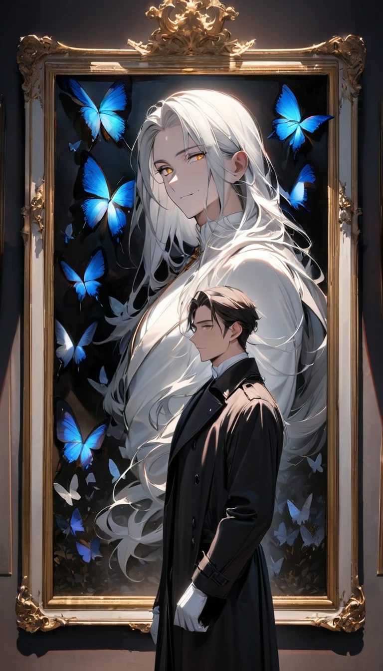 (masterpiece:1.5)，best quality，(1 Handsome man)，alone，white long length hair，(Golden eyes), (A soft smile)，elegant，perfect face，Long black trench coat，white and blue cloth，white leather gloves，white lining，Slightly muscular body，High，8K，Beautiful contrast of light and shadow，Dark luxury background，(complete upper body)，Positive face，luxury screen，Standing in front of the historical oil painting，Exquisite picture frame，((many butterflies))，(Museum)，Museum
