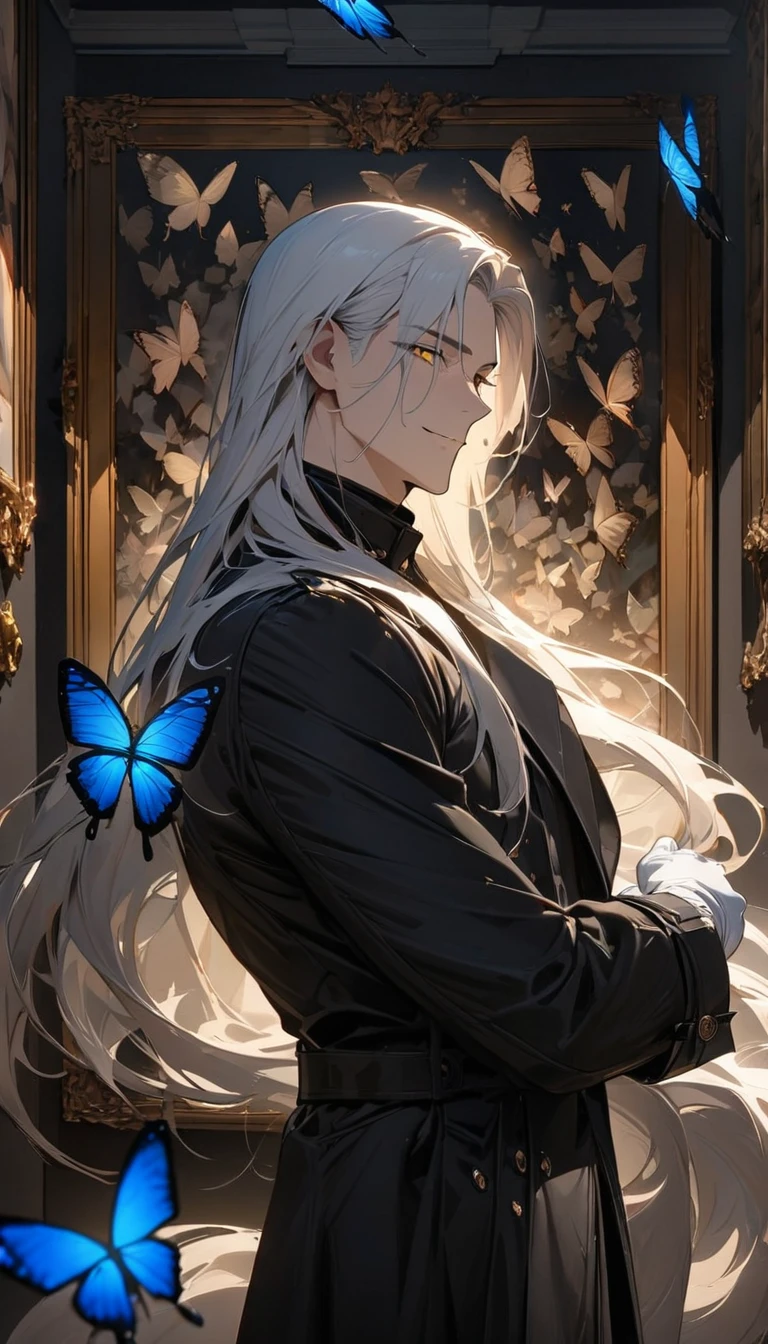 (masterpiece:1.5),best quality,(1 Handsome man),alone,white long length hair,(Golden eyes), (A soft smile),elegant,perfect face,Long black trench coat,white and blue cloth,white leather gloves,white lining,Slightly muscular body,High,8K,Beautiful contrast of light and shadow,Dark luxury background,(complete upper body),Positive face,luxury screen,Standing in front of the historical oil painting,Exquisite picture frame,((many butterflies)),(Museum),Museum