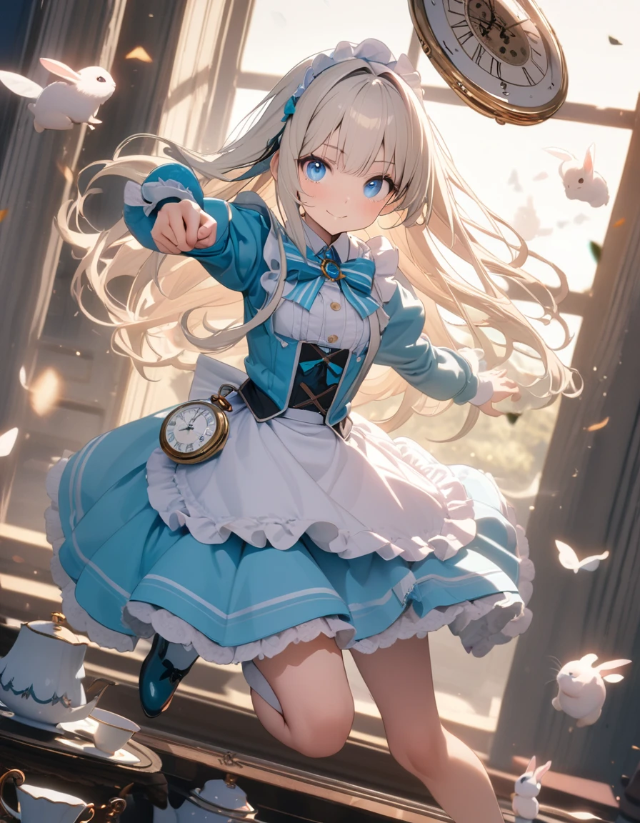 (8K, best quality, master piece: 1.2), super high resolution, ultra-detailed face, detailed eyes, blue eyes, cream hair, long hair, Aqua ta fashion, white frilled apron, smile, black facinator ribbon decoration, Alice costume, teacup and teapot and Pocket watch are floating in the air,flying a rabbit,Alice is flying, cute, dynamic pose, rim light, Look at viewer