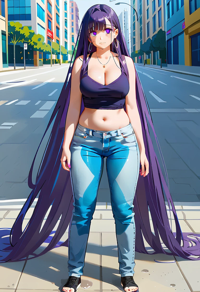(masterpiece:1.37), best quality, (extremely detailed:1.37) woman, (adult:1.5), (very long hair:1.5), dark purple hair, purple eyes, (extremely detailed eyes:1.37), large breasts, crop top, cleavage, navel, (tight jeans:1.5), (wetting:2.0), standing straight, full body day, daytime, glow, facing viewer, perfect composition, full body, city, street, anime style