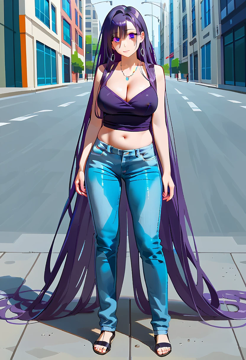 (masterpiece:1.37), best quality, (extremely detailed:1.37) woman, (adult:1.5), (very long hair:1.5), dark purple hair, purple eyes, (extremely detailed eyes:1.37), large breasts, crop top, cleavage, navel, (tight jeans:1.5), (wetting:2.0), standing straight, full body day, daytime, glow, facing viewer, perfect composition, full body, city, street, anime style