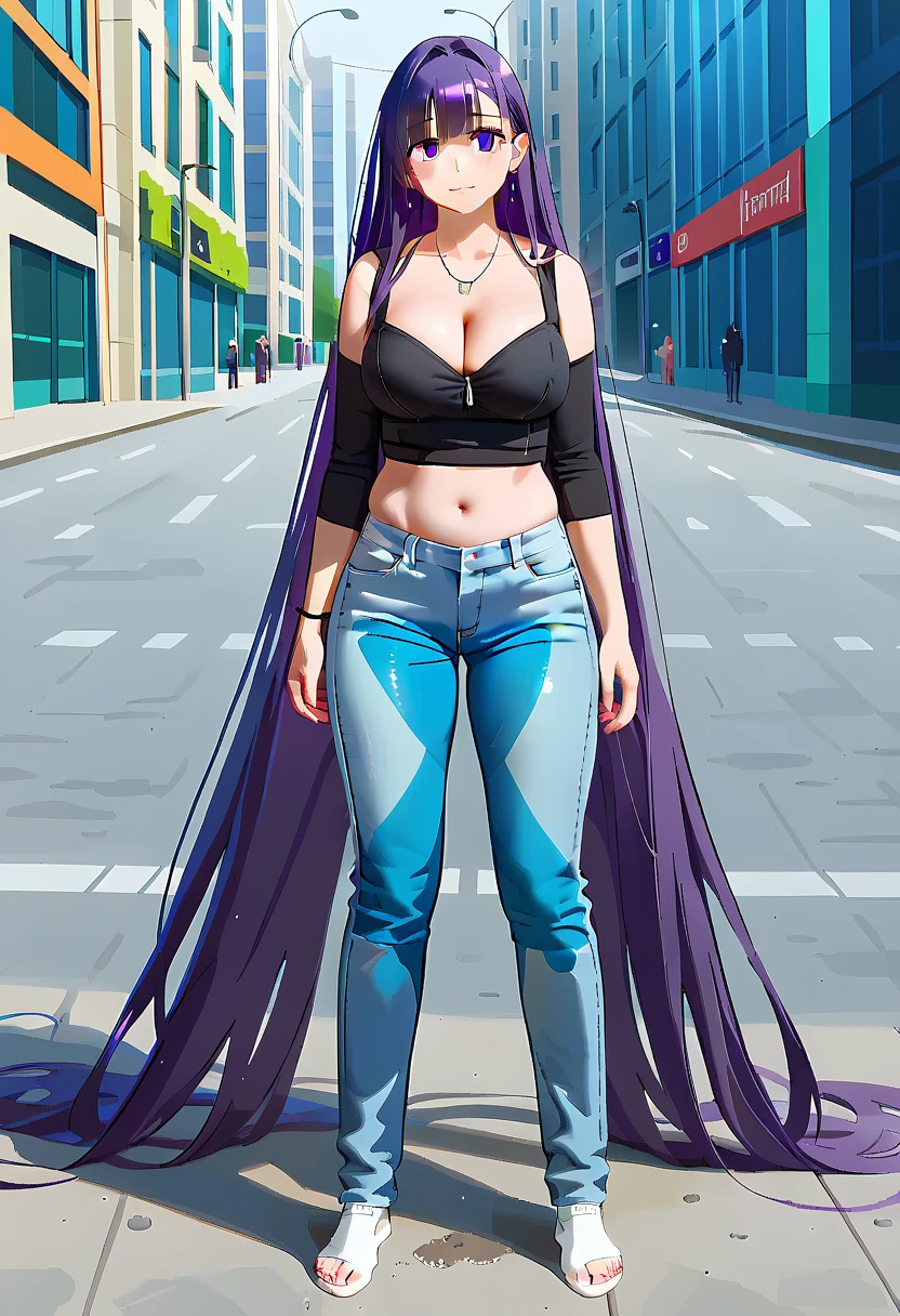 (masterpiece:1.37), best quality, (extremely detailed:1.37) woman, (adult:1.5), (very long hair:1.5), dark purple hair, purple eyes, (extremely detailed eyes:1.37), large breasts, crop top, cleavage, navel, (tight jeans:1.5), (wetting:2.0), standing straight, full body day, daytime, glow, facing viewer, perfect composition, full body, city, street, anime style