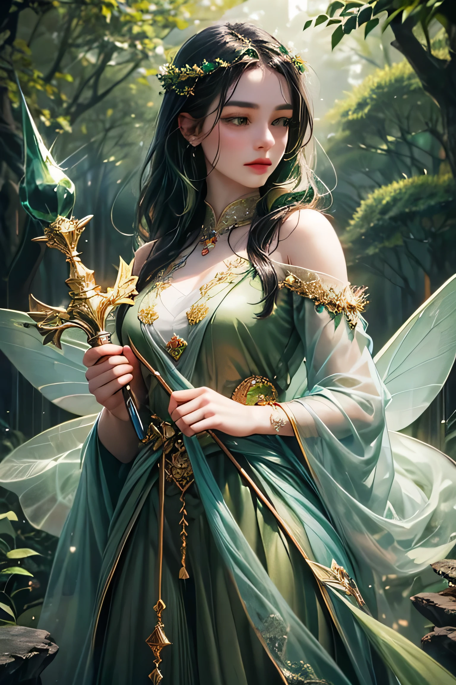 "Create an ultra-realistic image of a stunning 15-year-old female fairy with a delicate, ethereal presence, holding a magical staff imbued with the power of nature. She should be dressed in an elegant, ((((((dark green)))))) outfit that reflects her connection to the natural world. Surround her with elements of nature, such as blooming flowers, lush greenery, and gentle forest light, to highlight her mastery over this element. Include a distinct nature symbol on her body, indicating her role as the guardian of nature, showcasing the profound, nurturing power of nature she possesses within her."