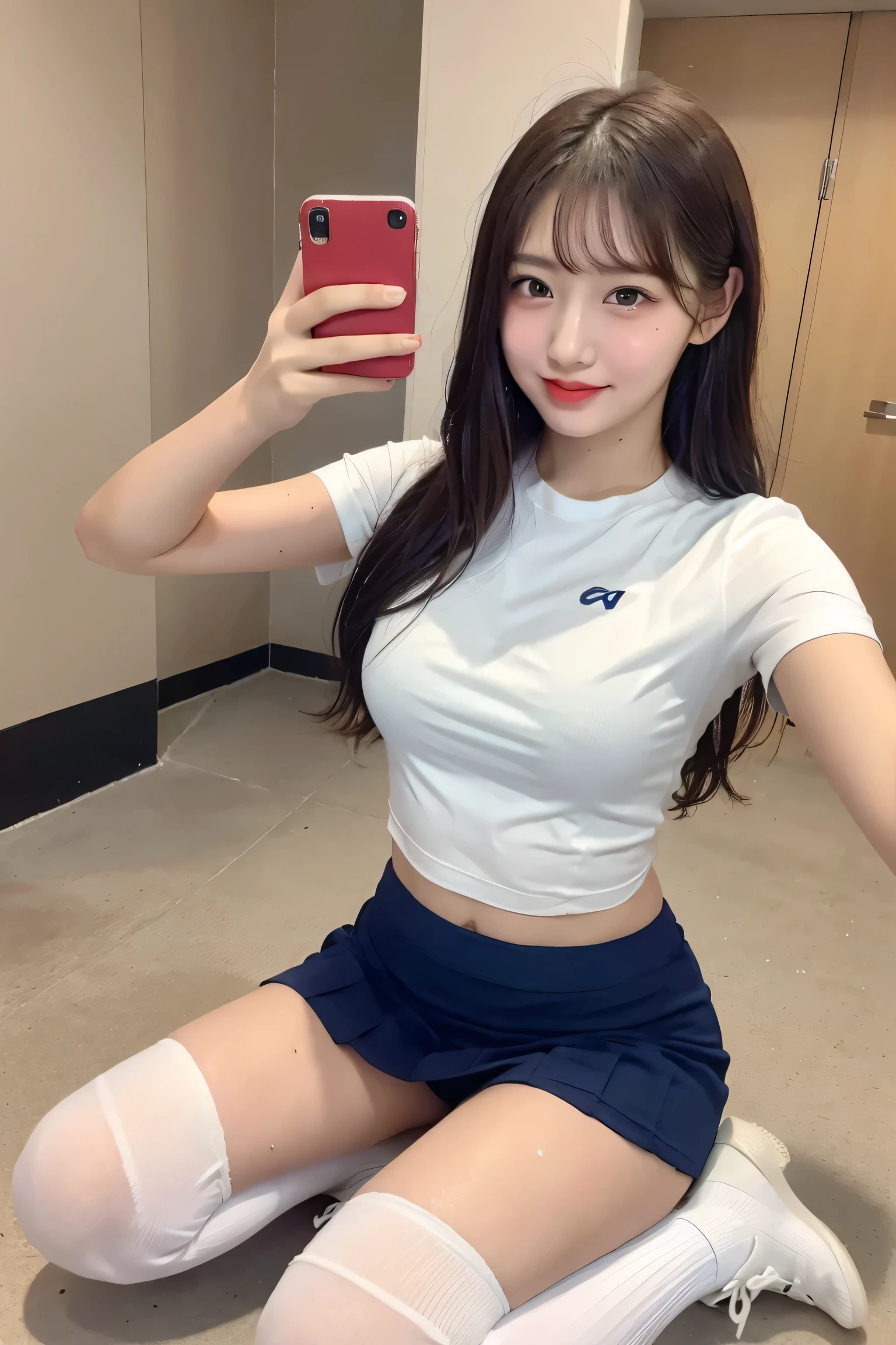 (8K), (Highest quality: 1.2), (Realistic), (Realistic: 1.37), Ultra-high resolution, 1 Girl, cute, smile, (Red cheeks with embarrassment:1.2),Mouth closed, Beautiful details, Beautiful Nose, whole body, Wet Hair, Giant Dulcefo, pork, , Thighs,Selfie,,(White shirt:1),(Navy Pleated Skirt),(Oversized and very roomy,White sports socks:1.2),