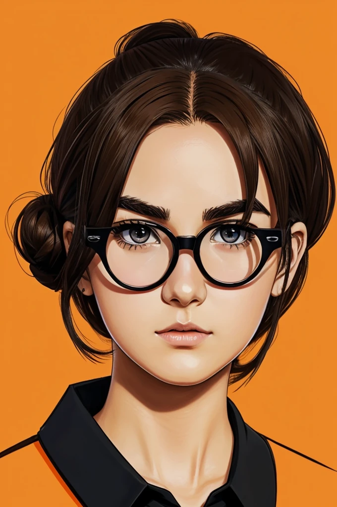 drawing in the style of the anime mob psycho 100 about a young 25-year-old woman with brown hair tied in a bun, dark brown eyes, thick eyebrows, square-shaped glasses and a black formal shirt with orange geometric designs