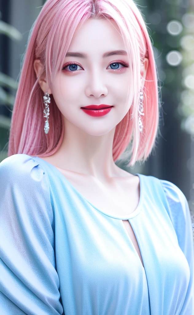 best quality, ultra high res, (photorealistic:1.4), (detailed beautiful girl:1.4), (medium breasts:0.8), looking_at_viewer, Detailed facial details, beautiful detailed eyes,pink hair, blue eyes, slender, haunting smile, (makeup:0.3), red lips, highly detailed clothes, (ulzzang-6500-v1.1:0.3)