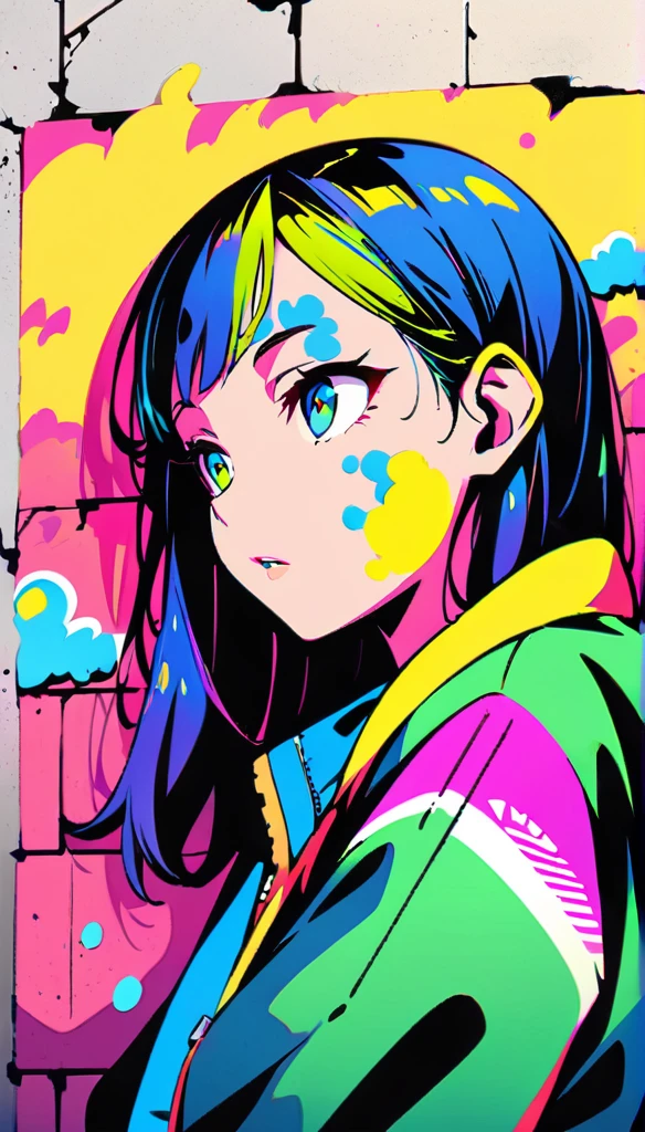 (best quality), masterpiece, Extremely detailed CG8K illustrations, high color, extremely high color saturation, All colors deepen, draw, Graffiti Art, central composition, Extremely detailed light and shadow, graffiti wall, wall drawed bright, Graffiti, 1 girl looking at the wall, The face and eyes are very detailed, medium length hair, sportswear, colorful clouds